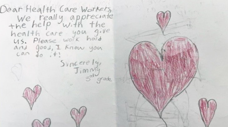 A heartfelt card from a local student, thanking Sharp Memorial Hospital staff for their hard work